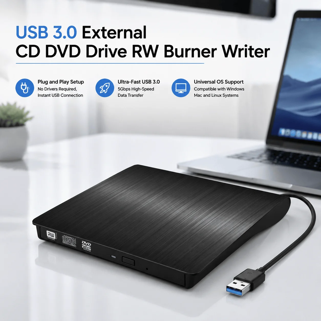 Usb Dvd Drive External Cd Burner Usb 3.0 Optical Drive Portable Writer Plug And Play Laptop Pc Windows Mac Linux Multi Format