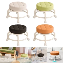 Low Round Roller Seat Stool PU Leather Seat Padded Footrest 360 Degree Rotating Rolling Stool Swivel Chair for Garage Salons