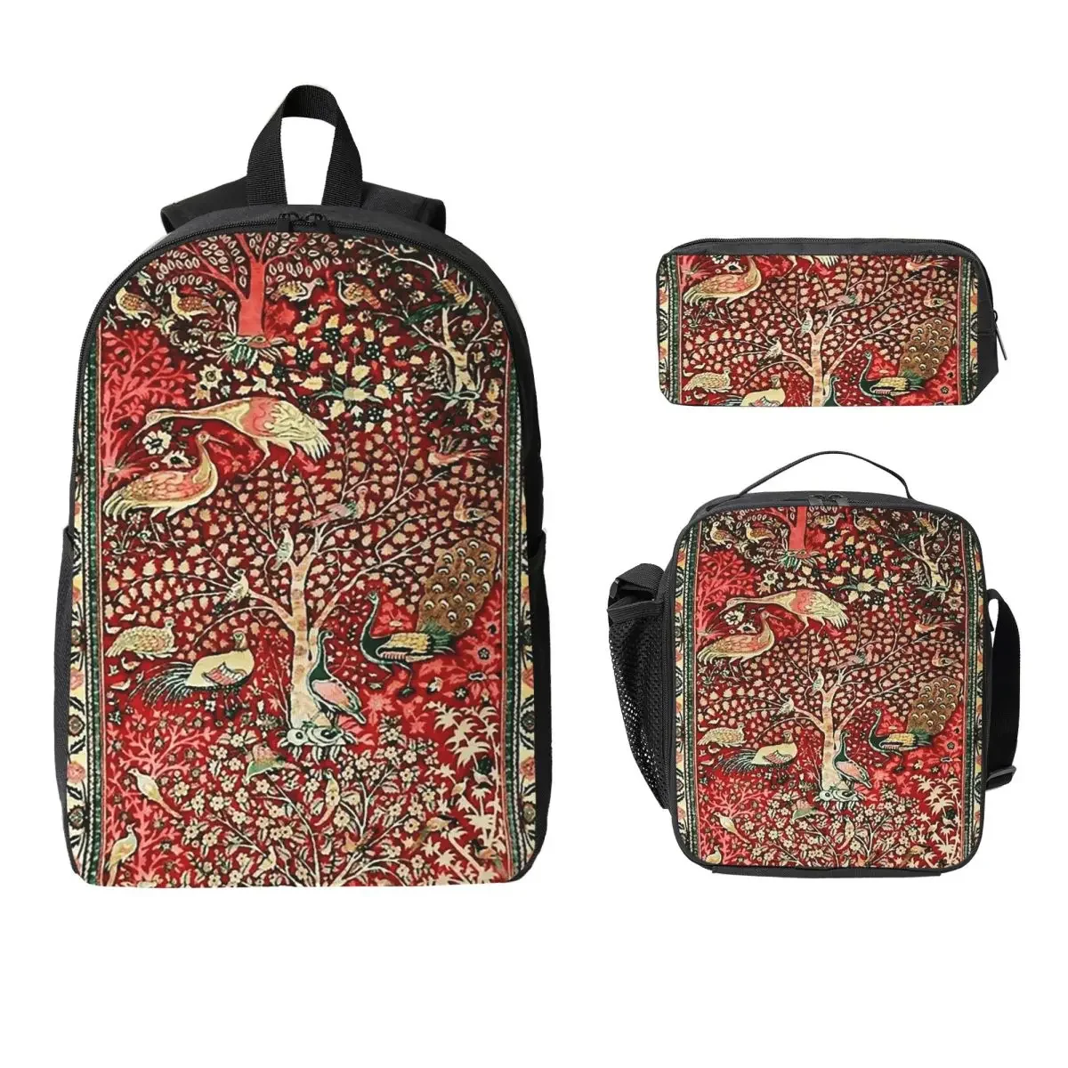 Antique Persian Rug Bird Tree Flowers Ca Backpack BookBag School Bag Computer Shoulder Bags 3ps Insulated Lunch Bag Pencil Case