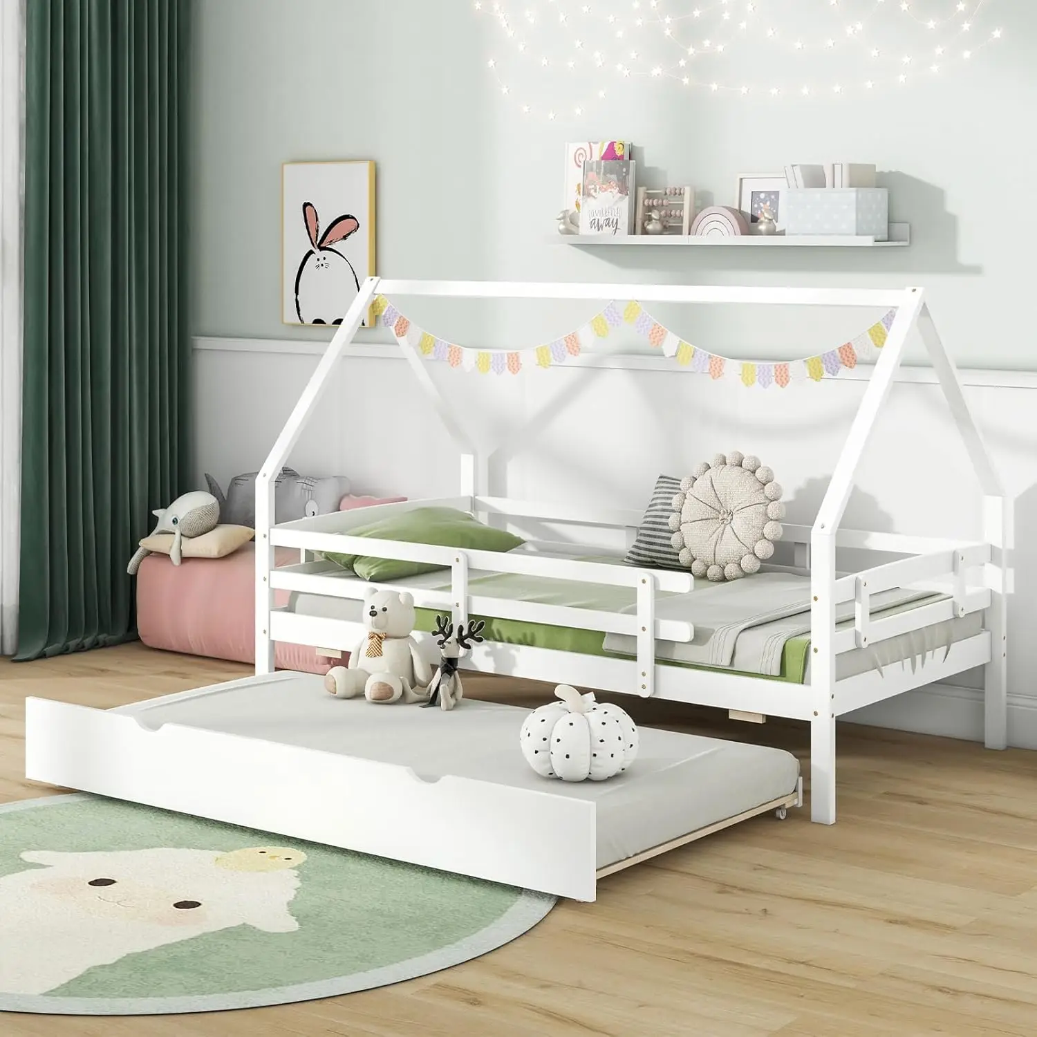 Cama de casa de tamanho duplo KOMFOTT com rodízio, estrutura de cama de madeira com trilhos de segurança e telhado decorável, estrutura de cama de plataforma de casa para crianças,