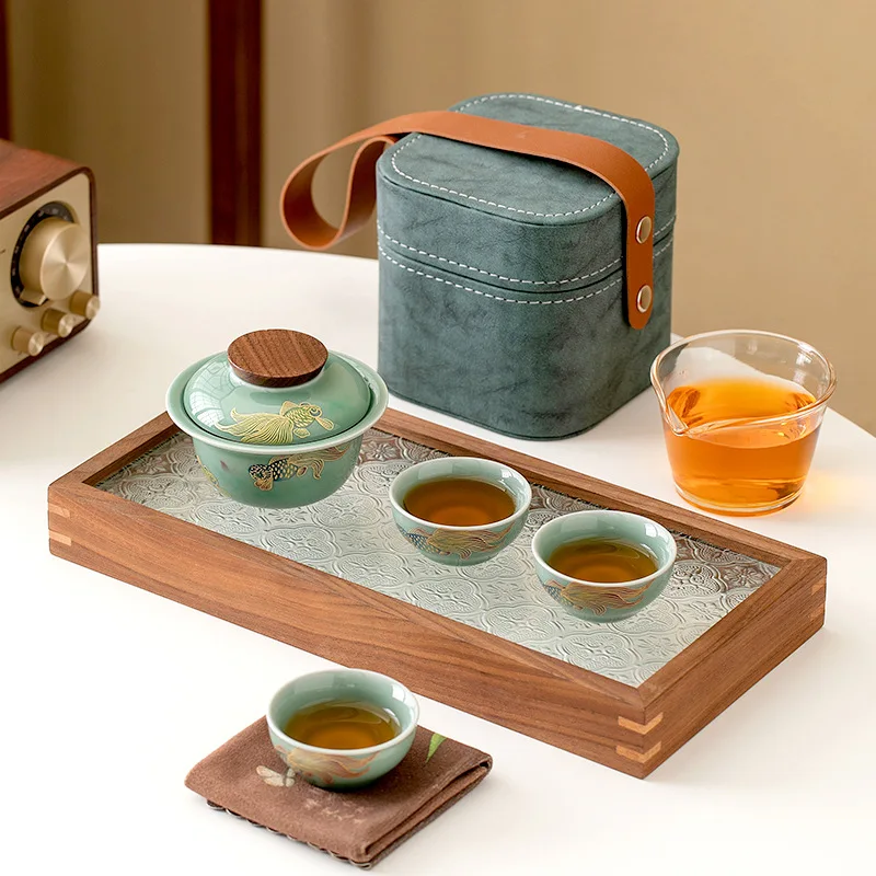 

Chinoiserie Mutton-fat Travel Tea Set Travelling Kungfu Tea Set Leather Suitcase Packaging For Self Use Chinese Style Gift