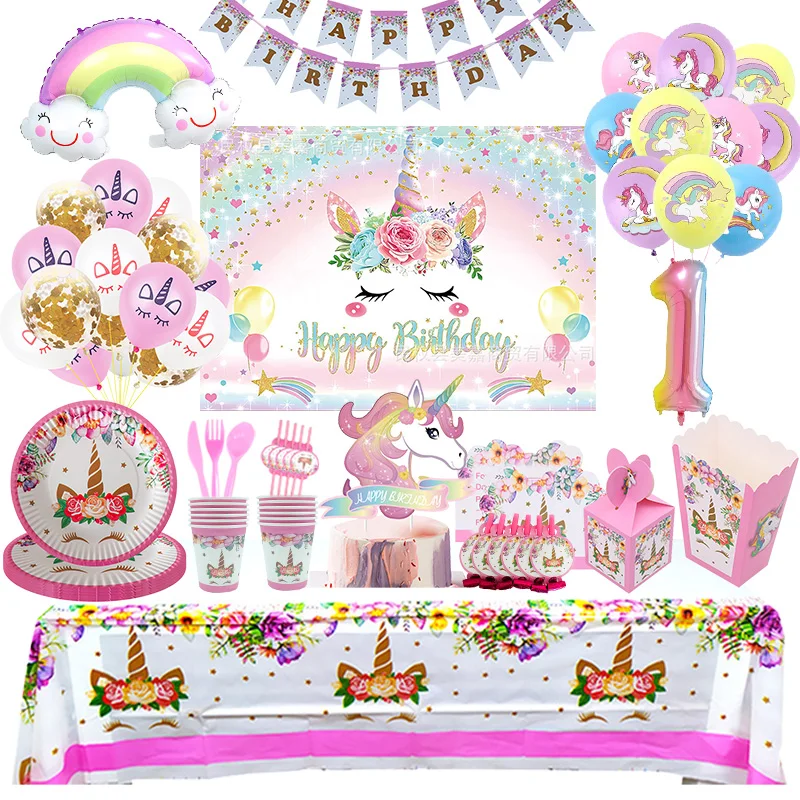 Unicorn Birthday Decoration Supplies Tableware Set Plate Cup Napkin Tablecloth Balloons Banner Backdrop Girl Party Supplies