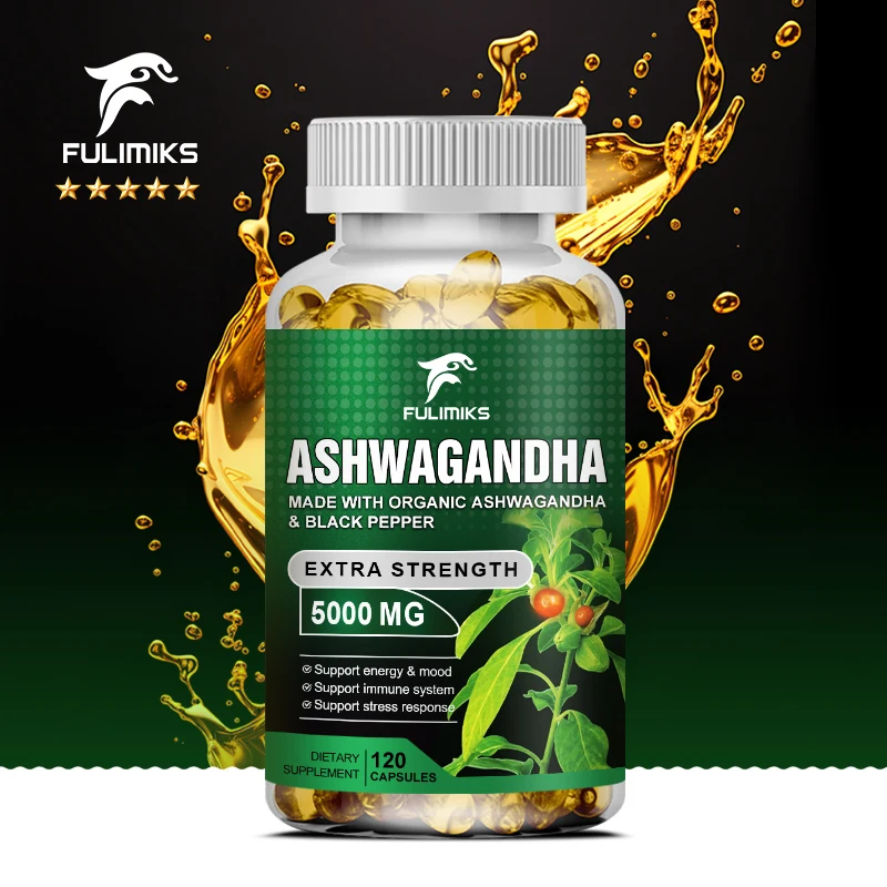 Cápsulas puras de extracto de raíz de Ashwagandha KSM-66, 5000 mg para humor natural, estrés, enfoque, cerebro, energía, apoyo para la salud del sueño