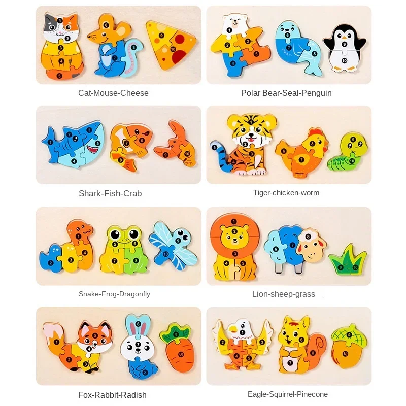 Puzzle in legno Giocattoli per bambini Catena di cibo per animali Montessori Leone Orso Palmare a mano Giochi educativi in legno Matiching Regalo per bambini