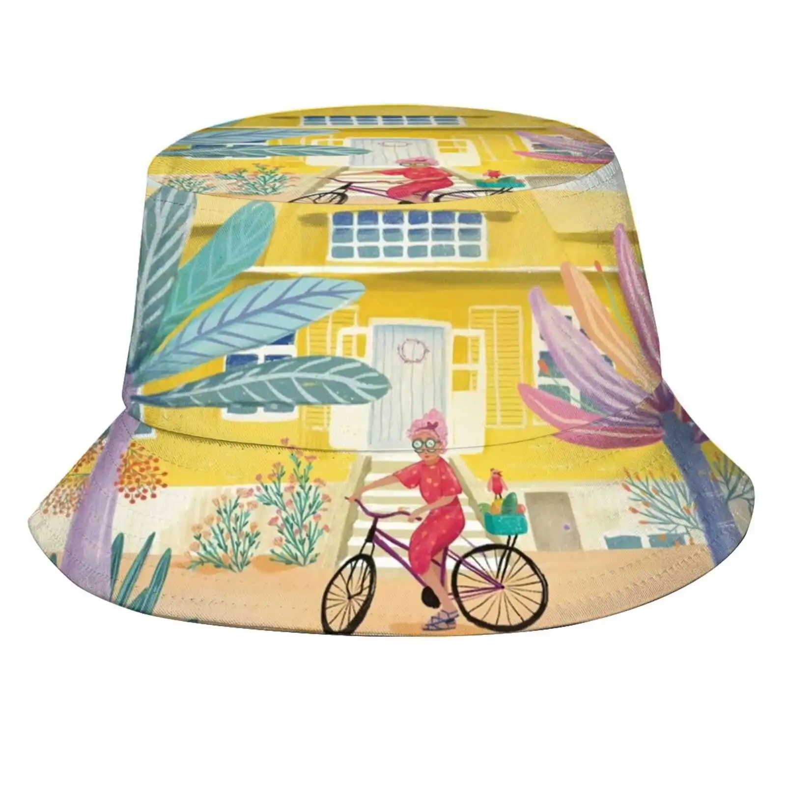 Islandlife Fisherman's Hat Bucket Hats Caps Island Colours Ocean Birds Yellow House Palms Bicycle Lady In Red