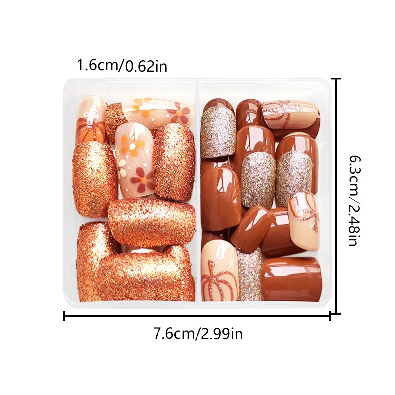 48pcs Square Spooky Seasonal Press-On Nail Tips with Glittery Orange Floral and Pumpkin Designs for Halloween/Fall Festivities