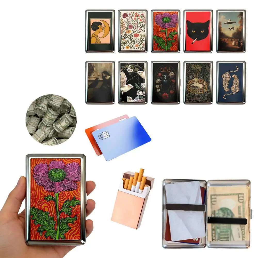 Versatile Metal Cigarette Case with Easy Snap Art Deco Illustration Armored Wallet Credit Card Case Gift for Him & Her
