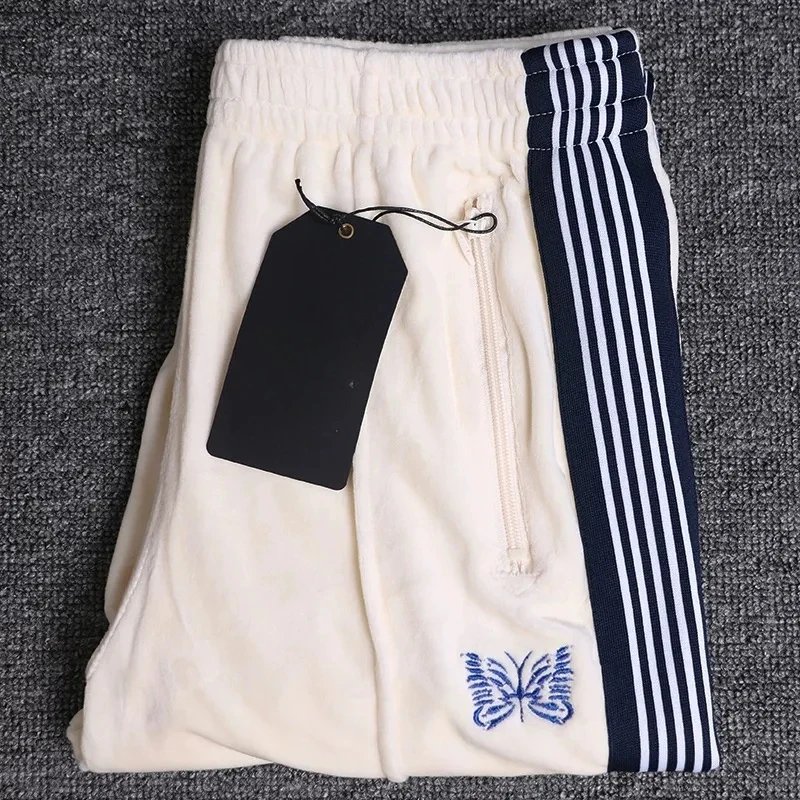 2025 Black Butterfly Embroidery Casual AWGE Velvet Pants Best Quality White Sweatpants For Men Women Blue Striped  Trousers