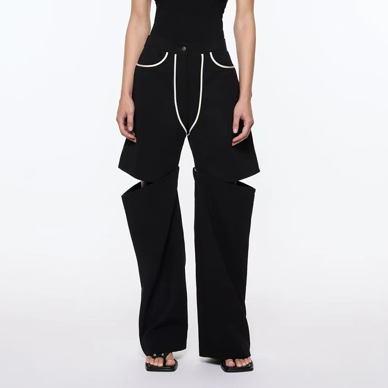 

Women's Color-Blocked White-Trim Straight-Leg Pants, Patchwork Wide-Leg Pants, Faux Two-Piece Trousers 2026 Spring New Arrivals