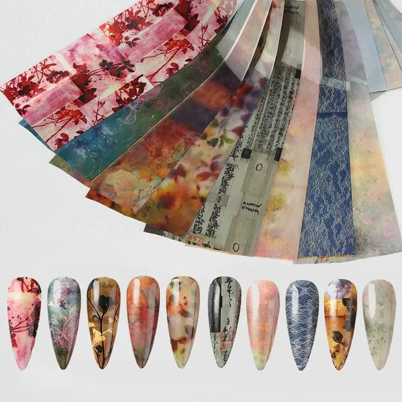 New 10 Sheets Feng Shui Ink Staining Nail Foils Transfer Paper Laser Nail Art Stickers Decal Pattern Printing Mold Manicure Tool
