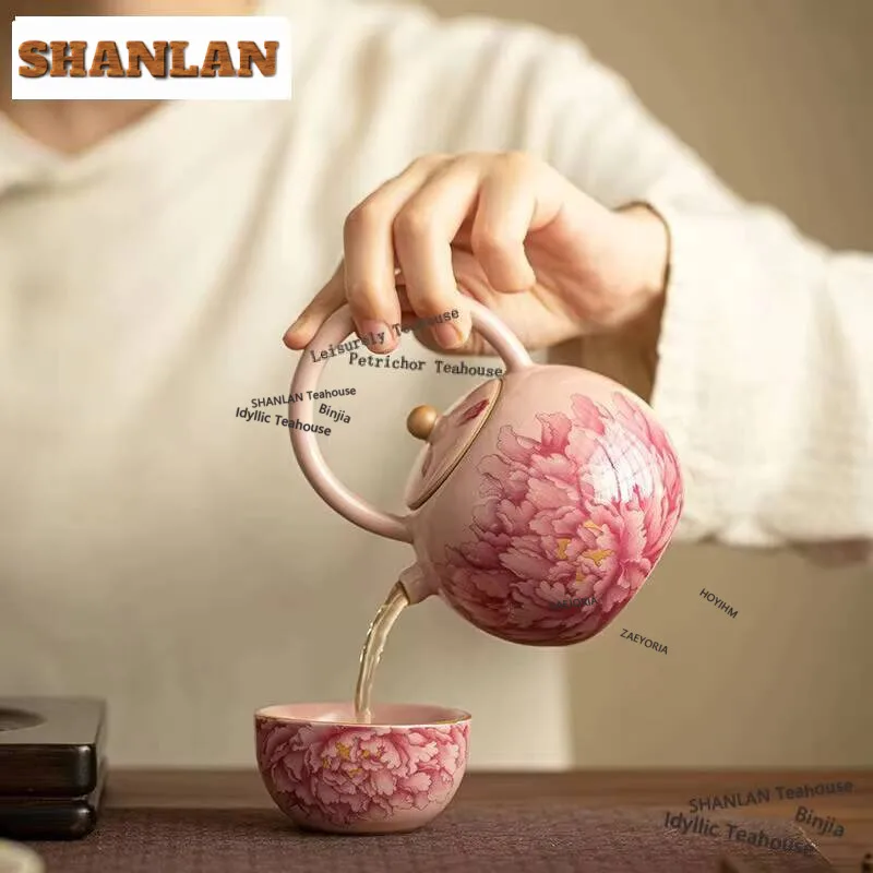 250ml Ru Kiln Ceramic Tea Pot Creative Peony Loop-handled Teapot With Filter Zen Pot Tea Brewing Kettle Tea Services Ornaments