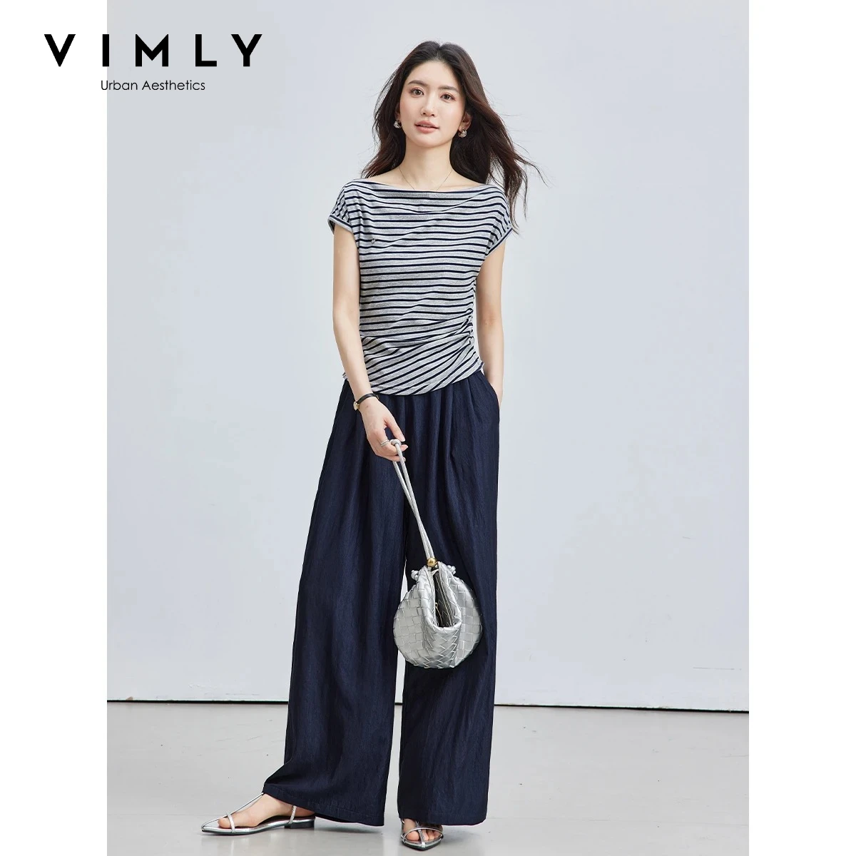 

VIMLY Women's Striped Lazy Suit 2026 New Off Shoulder T-shirt Wide Leg Pants Two-piece Set Summer Female Clothing 31110