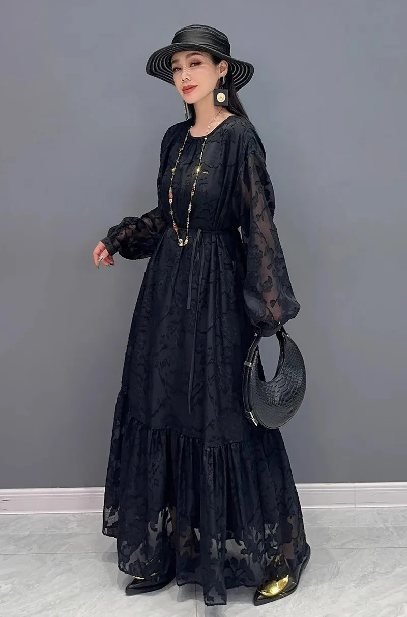 Summer 2024 O Neck Elegant Printed Loose Long Dresses For Women Fashion Black Long Sleeve Dress Female Wholesale
