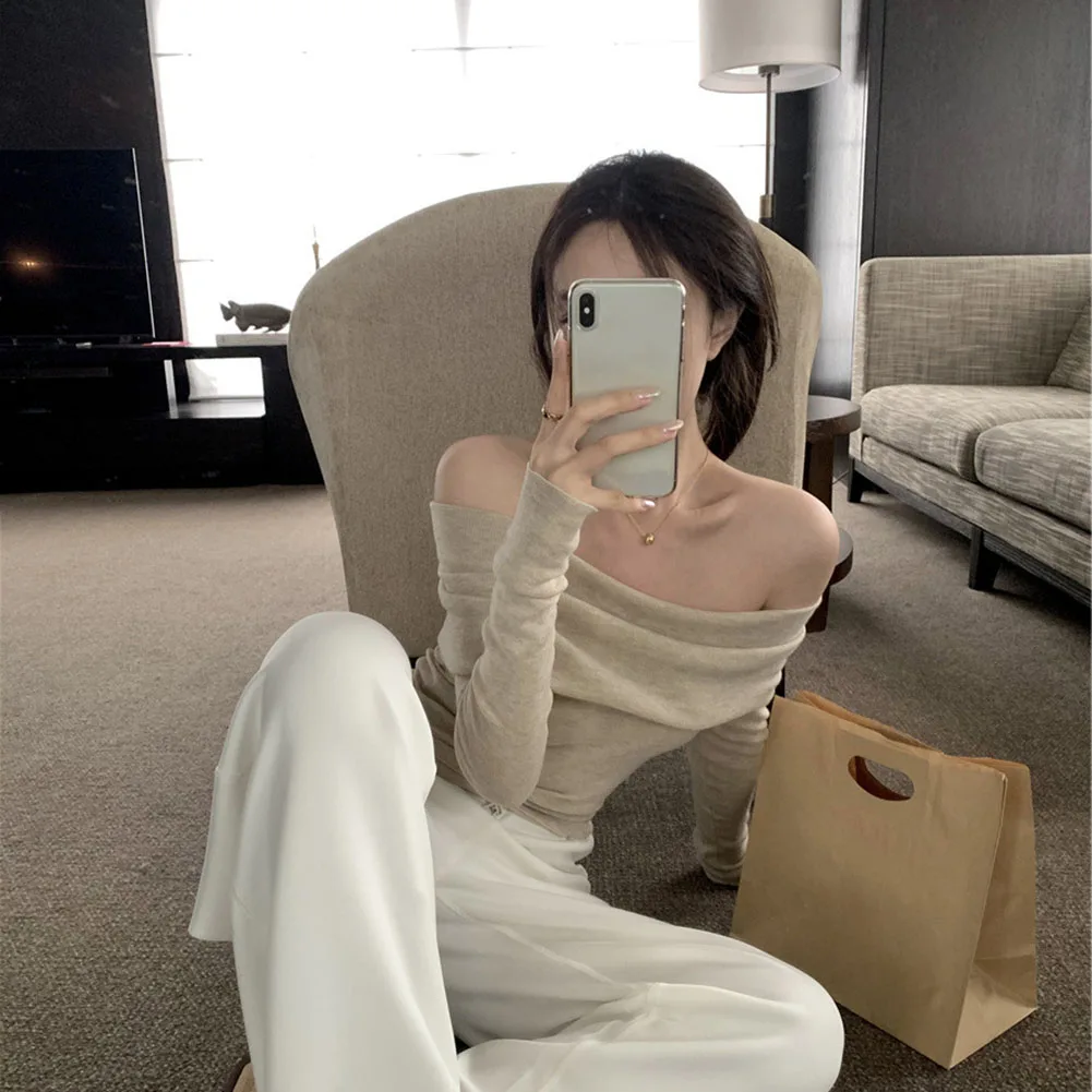Sleek Silhouette Women's Stylish Slim Fit Off Shoulder Tee With Practical Long Sleeves For Casual Days Out In Cooler Weather