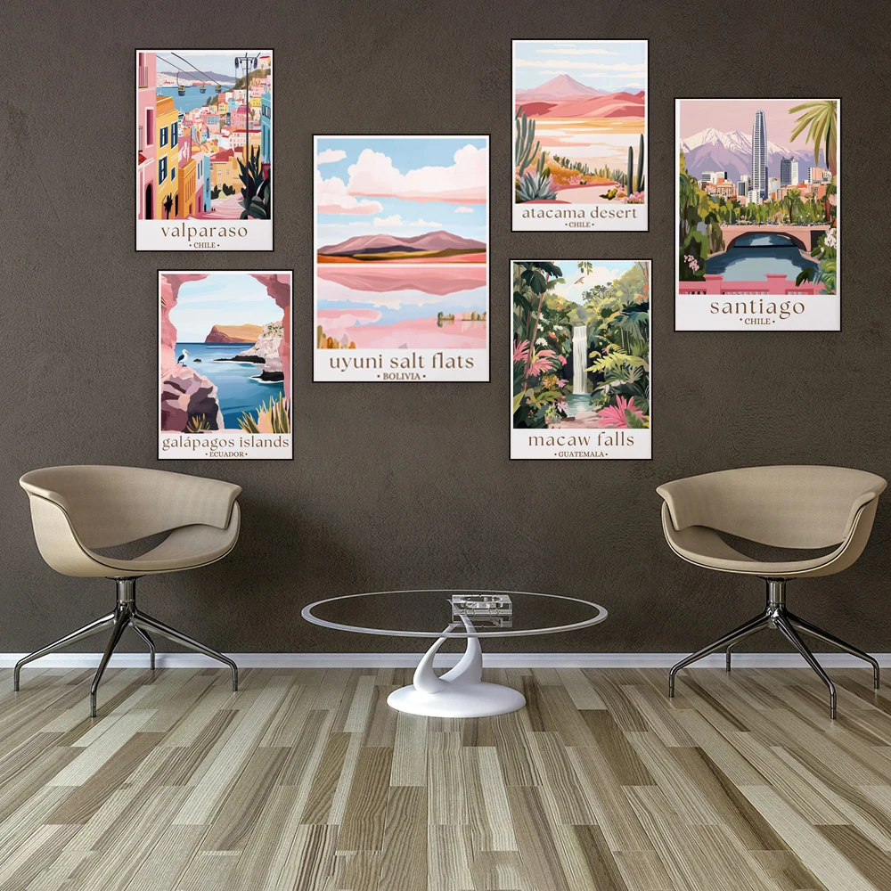 مدينة بنما، كوباكابانا البرازيل، ملح Uyuni المسطح، شاطئ بانا، سان بيدرو، شلال استوائي، غواتيمالا، ملصق سفر على الشاطئ #3