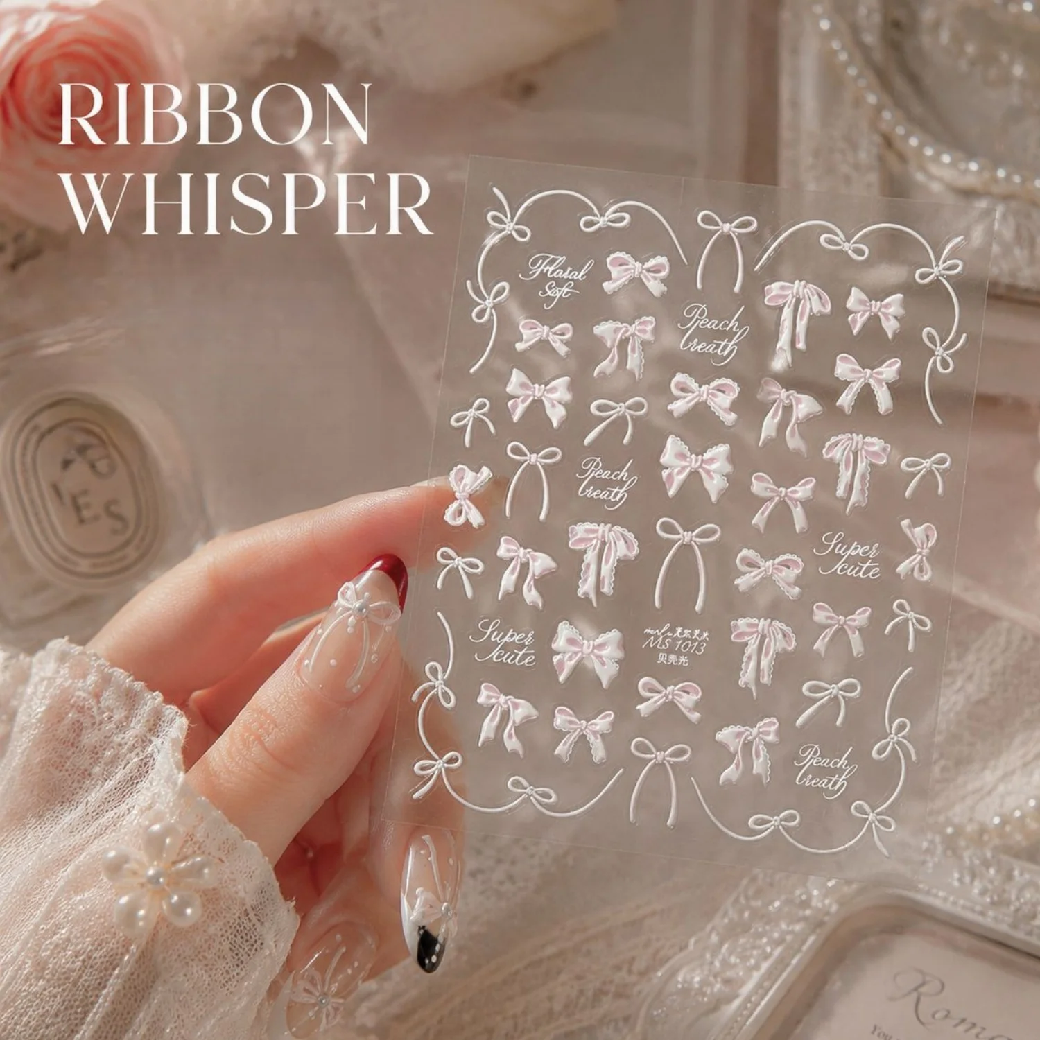 Vintage Kursiv-Schriftzug 5D Nagelkunst-Aufkleber Rosa Gerüschte Spitze Schleife Wellenförmiger Streamer Selbstklebende Nagelsticker Romantische Maniküre DIY