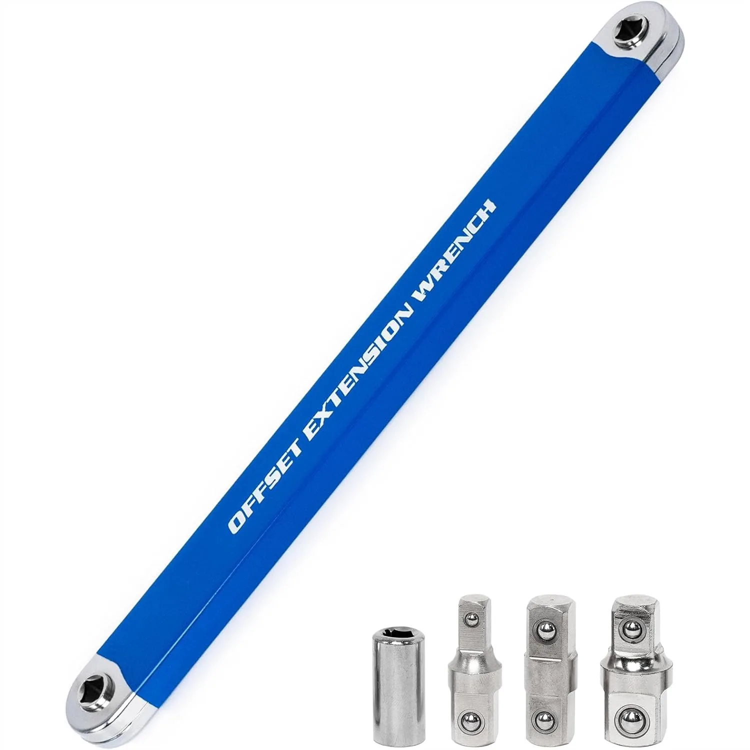 Offset Extension Wrench Set with 1/2, 1/4, and 3/8 Square Drive Adapters for Hard to Reach Areas