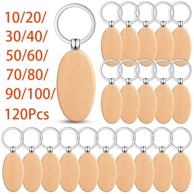 

10-120Pcs Wooden Keychain Wood Unfinished Oval Blank Wooden Keychain Key Rings for DIY Crafts Gift Accessories