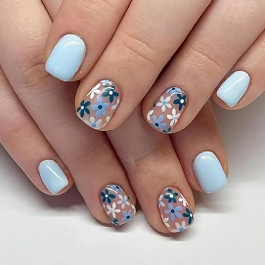 

24Pcs Blue Floral French Nails Set Press on Nails Square Glossy Full Cover Acrylic Fake Nails with Glue Perfect for Women&Girls