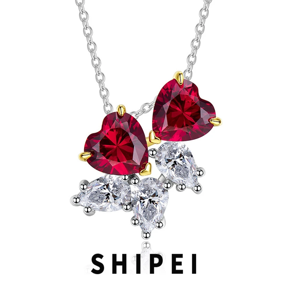 

SHIPEI 925 Sterling Silver Love Heart Ruby White Sapphire Gemstone Vintage Pendant Necklace For Women Fine Jewelry Drop Shipping