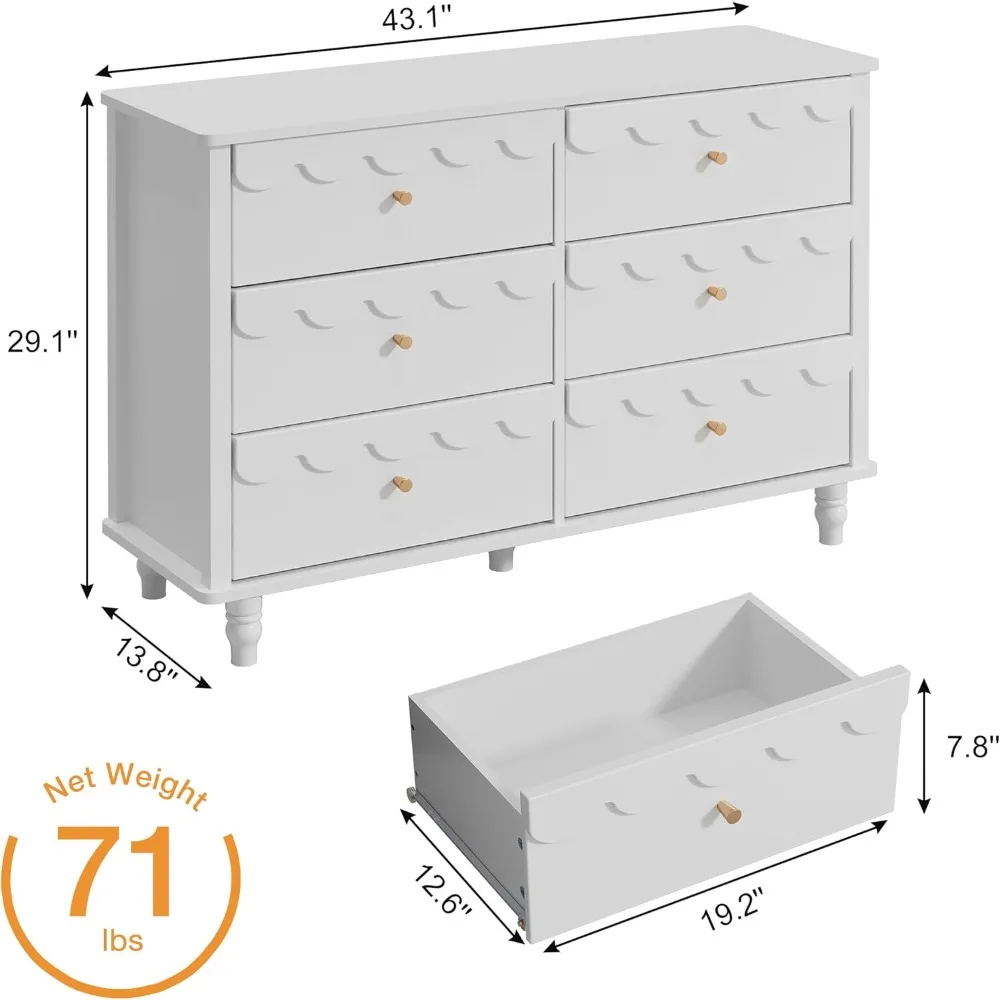 خزانة ملابس بيضاء مكونة من 6 أدراج لغرفة نوم الفتيات، خزانة ذات أدراج واسعة حديثة، منظم تخزين صدفي مع أدراج، مخدد P