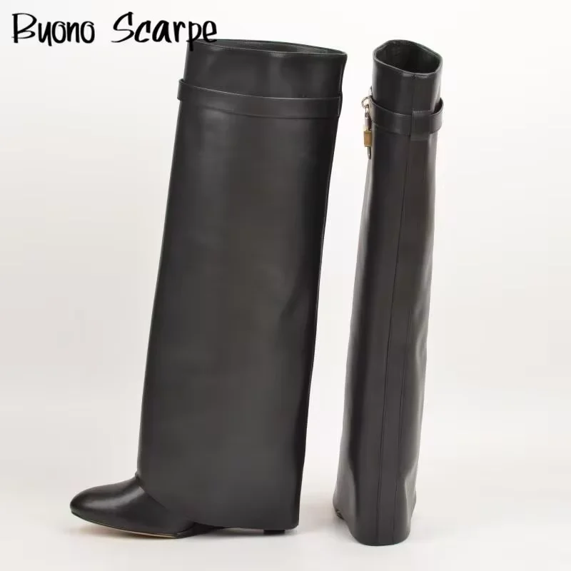 Genuine Leather Women Knight Boots Fashion Wedges Super High Heel Metal Decoration Knee High Shoes Mujer Increasing Modern Botas