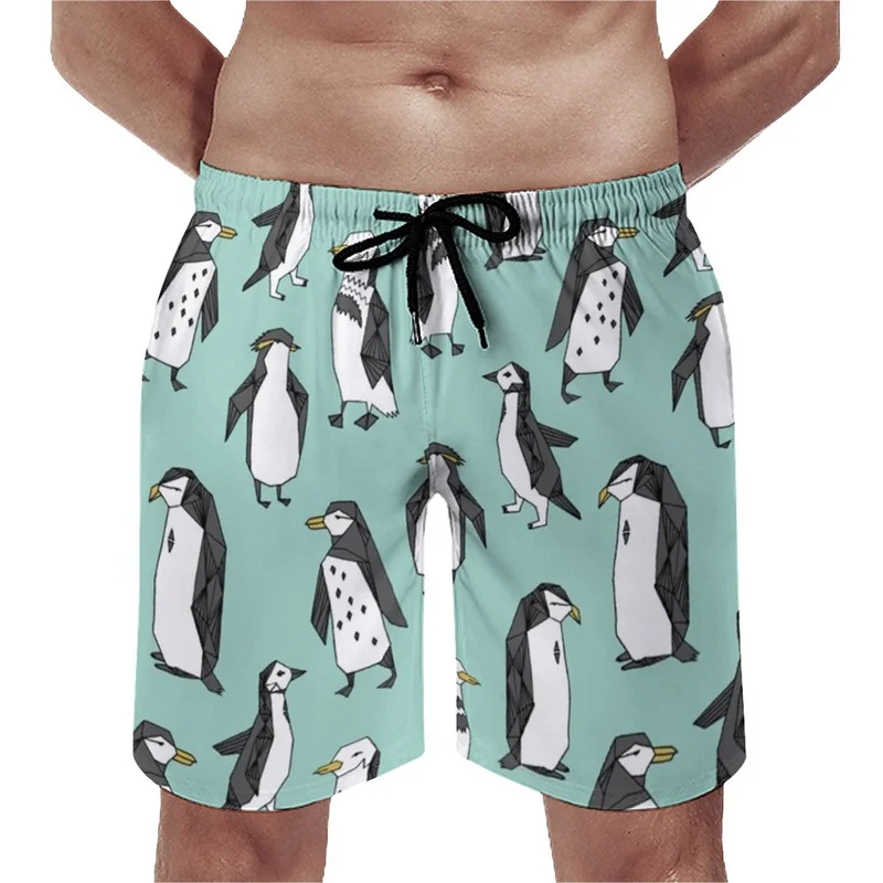 Cartoon Penguin 3D Printed Beach Shorts For Men Animal Pattern Surfing Board Shorts Summer Vacation Streetwear Kids Short Pants