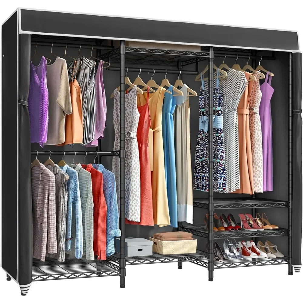 V5C Plus Portable Wardrobe, Heavy Duty Hanger with Adjustable Shelves, Black Metal, Max Load 1040 lbs, Zippered Dust Cover