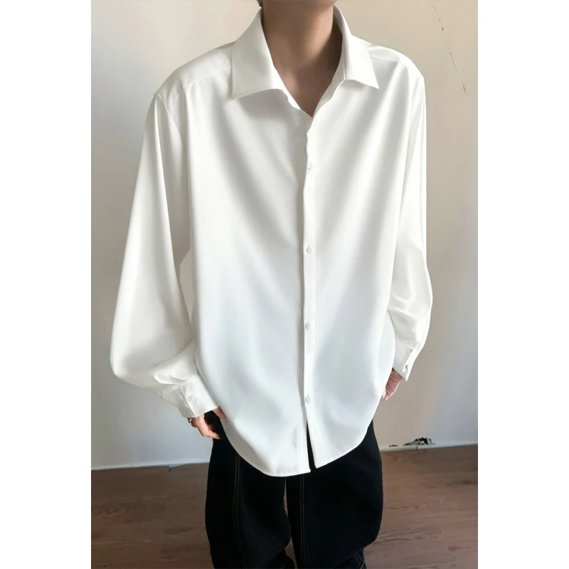 

Four Season Korean Casual Solid Color Smooth Loose Long Sleeved Men's Shirts