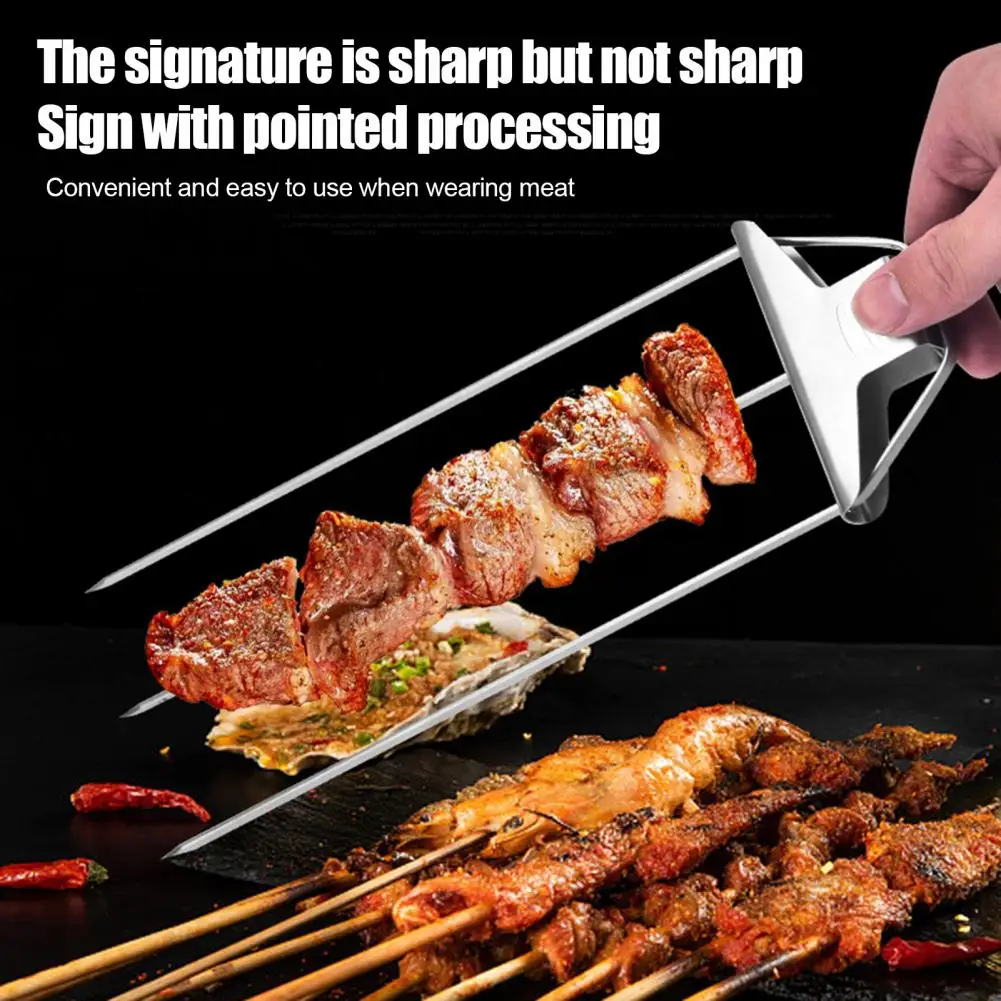 Meat Vegetable Skewers Reusable Barbecue Skewers 3 Prong Stainless Steel Bbq Skewers with Push-off Slider Reusable Metal Kabob