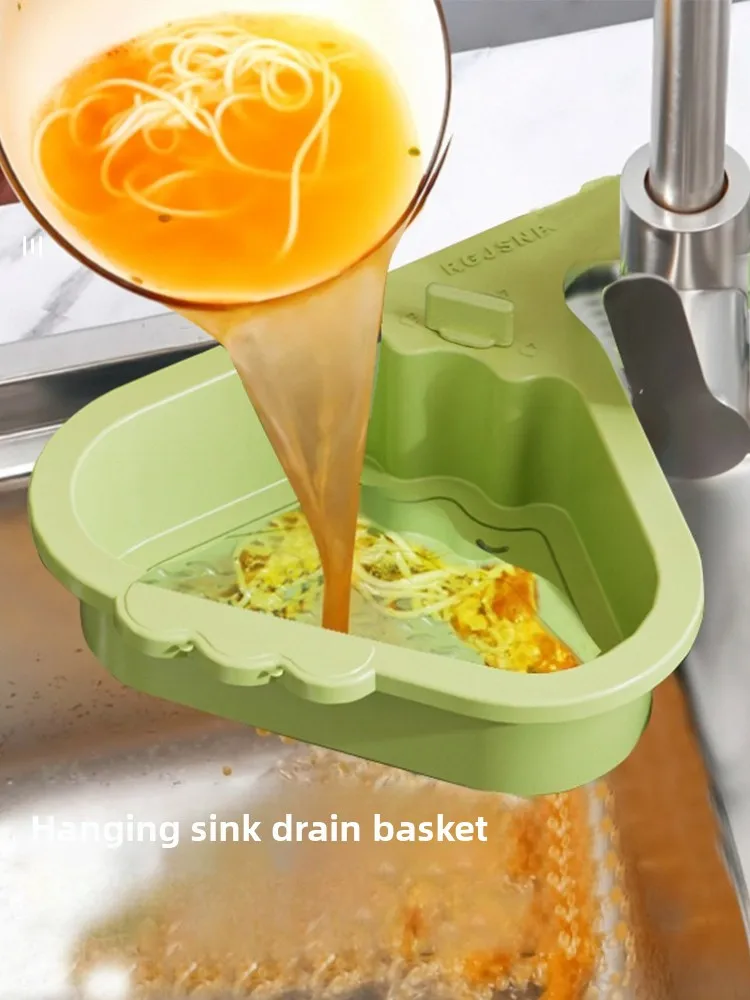 

1 Click Open Triangle Sink Basket Strainer Drain Rack Wall Mounted Organizer for Kitchen Dishwashing Vegetables No Drill Storage