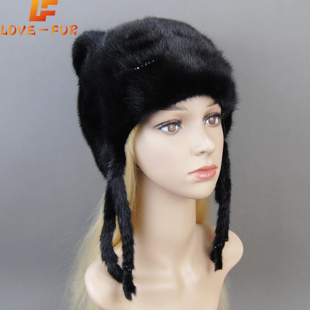 Winter Mink fur Cute cat ears Square cap With Sequins Warm Winter For Women Real Natural Mink Fur Vertical Weaving Winter Hat