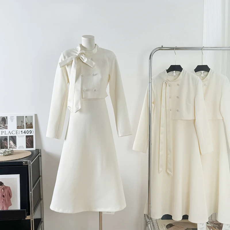 

Small fragrant style temperament set women's autumn bow gentle elegant jacket+half long skirt commute two-piece set