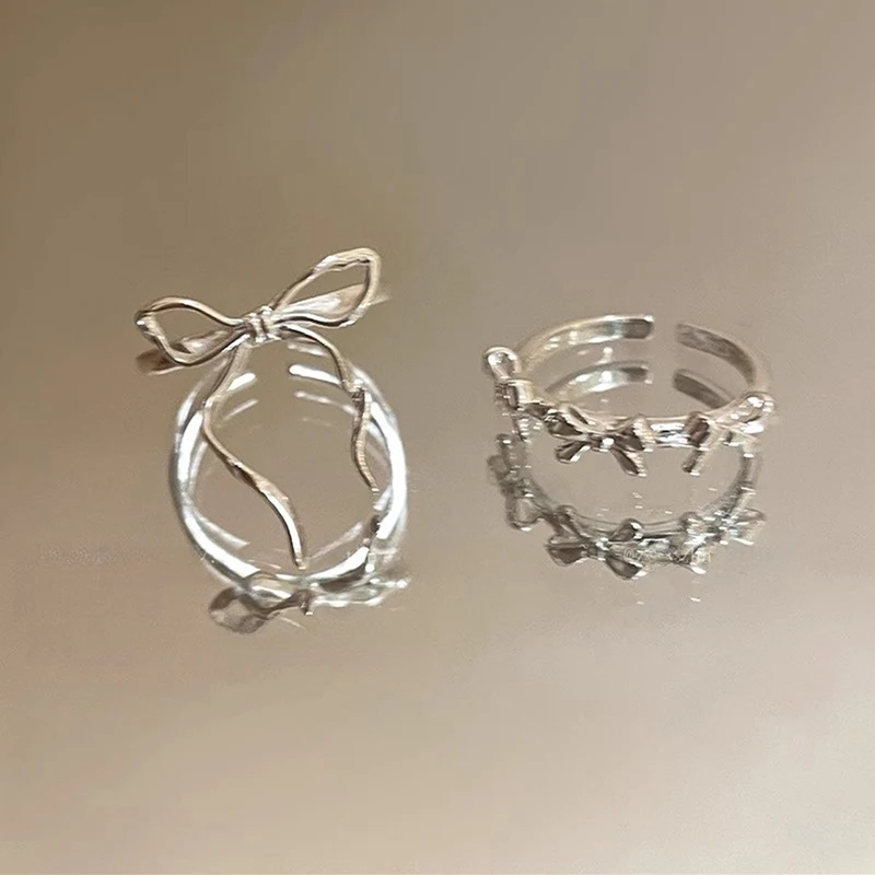 2Pcs Fashion Bow Ribbon Rings For Women Girls Sweet Cute Geometric Bow Opening Adjustable Rings Wedding Party Jewelry Gifts