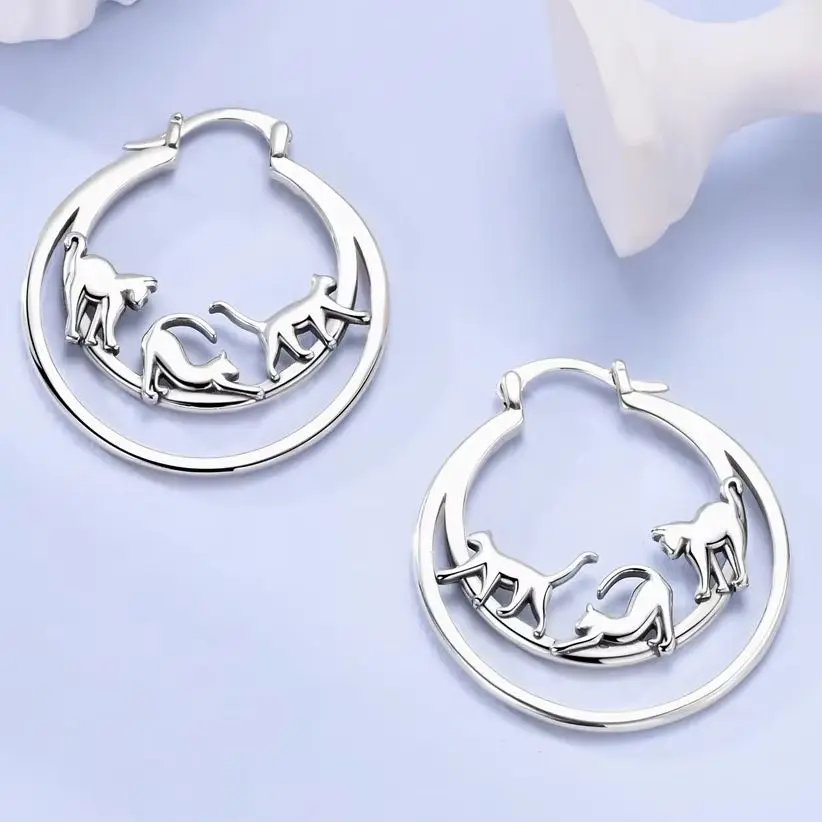 

925 Silver Hoop Earring For Woman Cat Double Layered Circle Original Jewelry