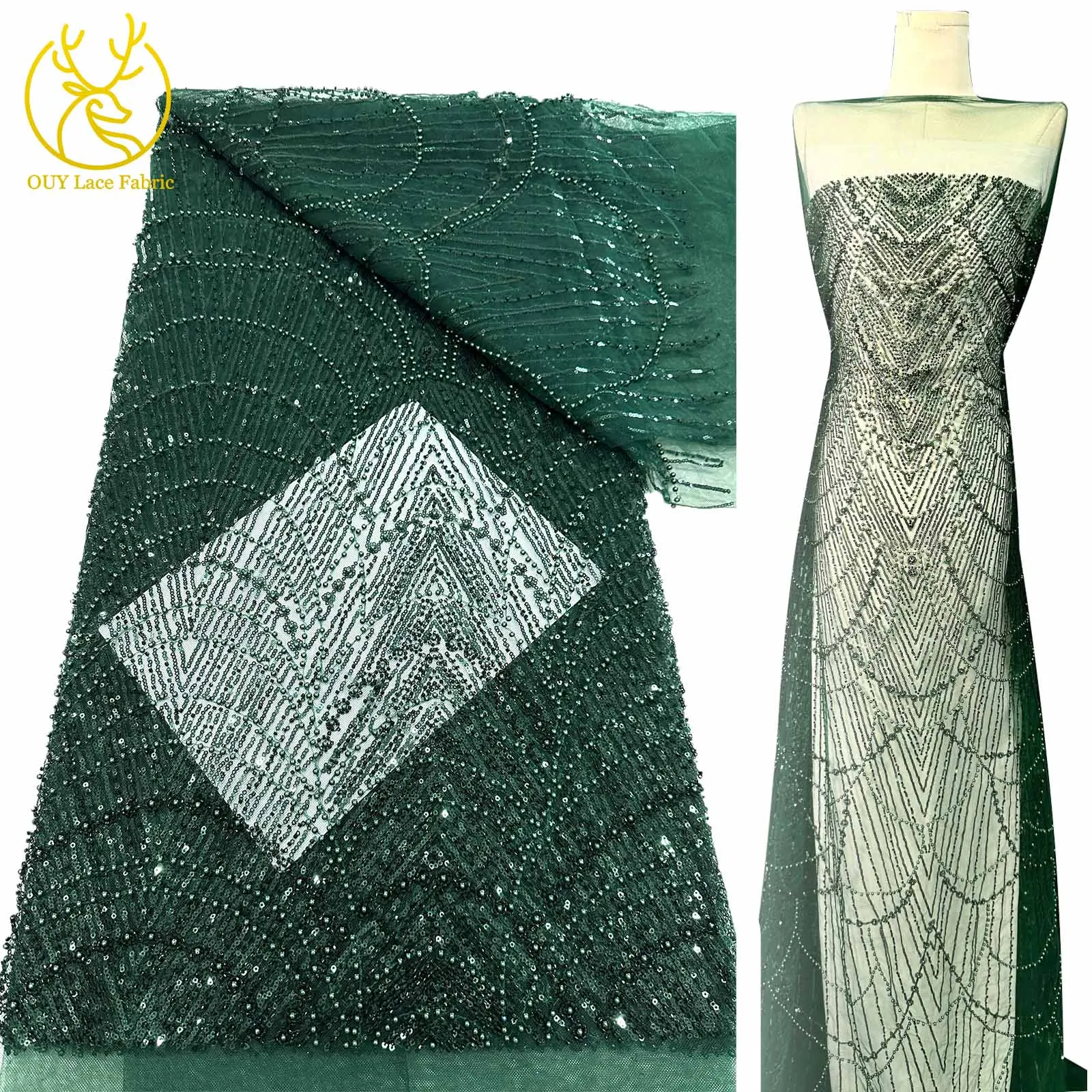

Green African Beaded Lace Fabric 2025 High-end French Sequin Tulle Embroidered Lace Fabric Suitable for Women's Wedding Dresses