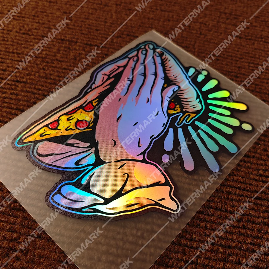 

2Pcs/set Holographic Praying Hands & Pizza Stickers Waterproof Vinyl Decals Humorous Religious Decor for Car Motorcycle
