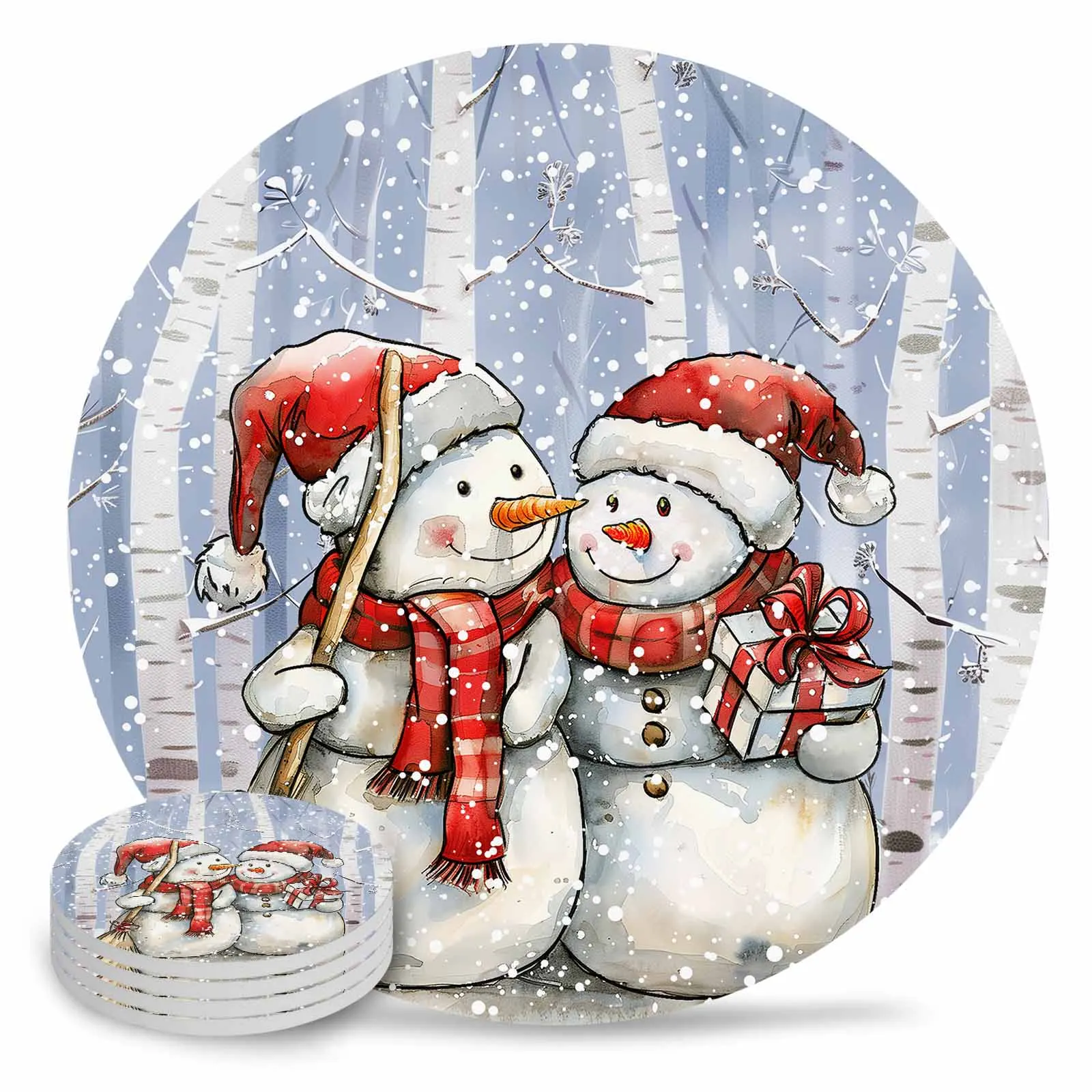 Watercolor Cup Mat Snowman Snowflake Coasters Glassware Table Coasters for Coffee Cups Coaster Drink Pad Drinkware Kitchen Bar