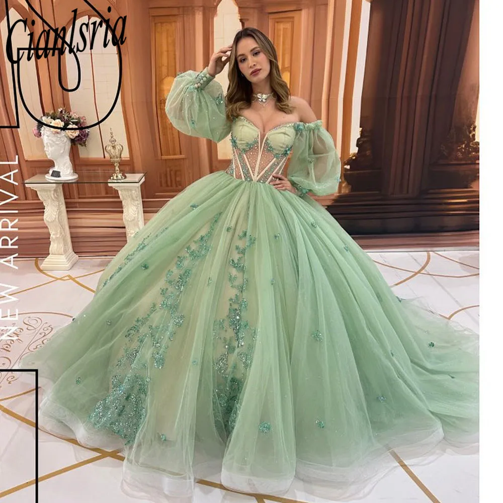 

Light Green Off The Shoulder Ball Gown Quinceanera Dresses For Girls Beaded 3D Flowers Birthday Party Gowns Lace Up Back Graduat