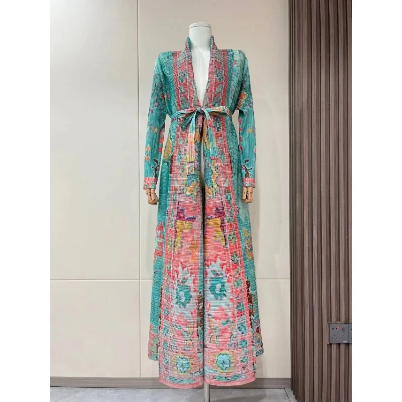 KAF Pleated Women Luxury Abaya 2025 Spring Fall New Vintage Printed Cardigan Lace-up Loose Large Size Design Arabian Abaya