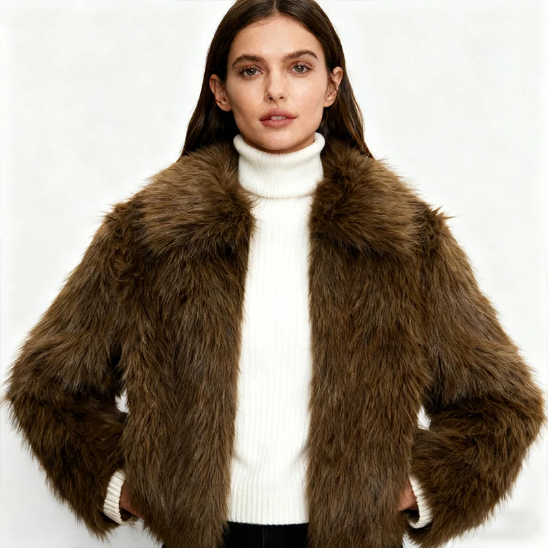 

Зимние женские пальто из искусственного меха, свободные повседневные теплые куртки-кардиганы с длинными рукавами и лацканами, винтажная модная уличная женская коричневая верхняя одежда