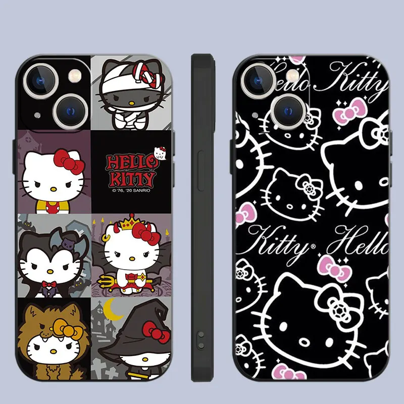 Phone Case For iPhone 11 12 13 14 Pro Max Mini XS XR X 8 7 6S 6 15 se Plus Black Silicone Cover Fundas Cute Cool Hello Cat