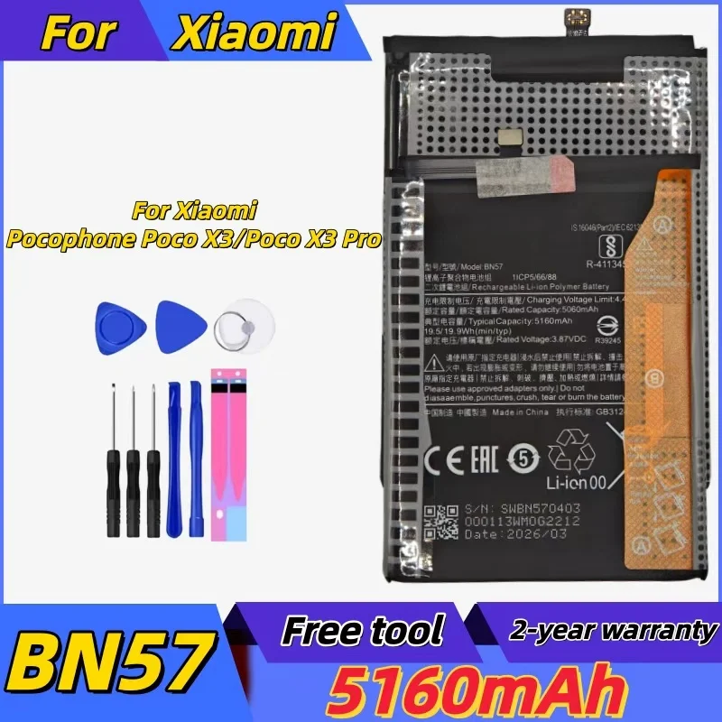 

2026 Years BN57 Battery For Xiaomi Pocophone Poco X3 / X3 Pro X3Pro NFC Phone Battery 5160mAh + Free Tools