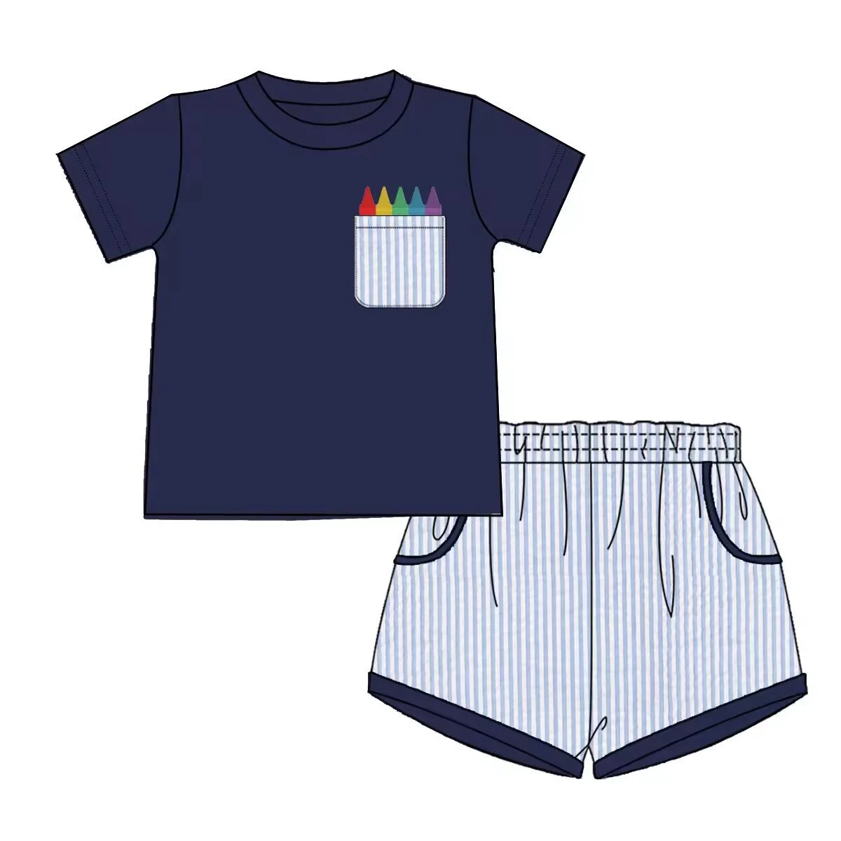 Back to School series Children's Clothes Summer Milk Silk Pencil Print Navy Blue Top Striped Pants baby's Matching clothes