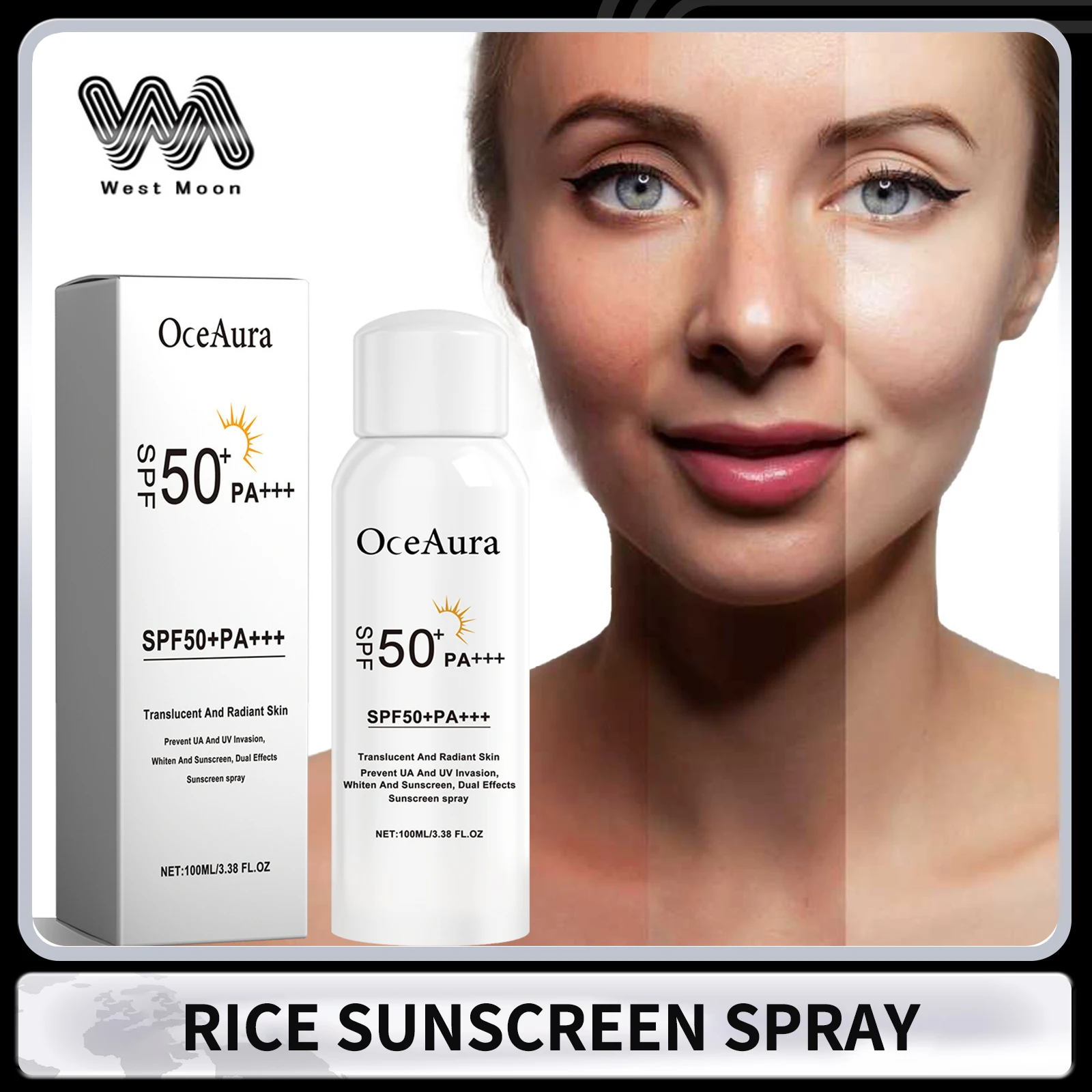 Protector solar de arroz Spf 50+, resistente al agua, resistente al sudor, Control de aceite, protector solar blanqueador, protección solar UV, aerosol antisol