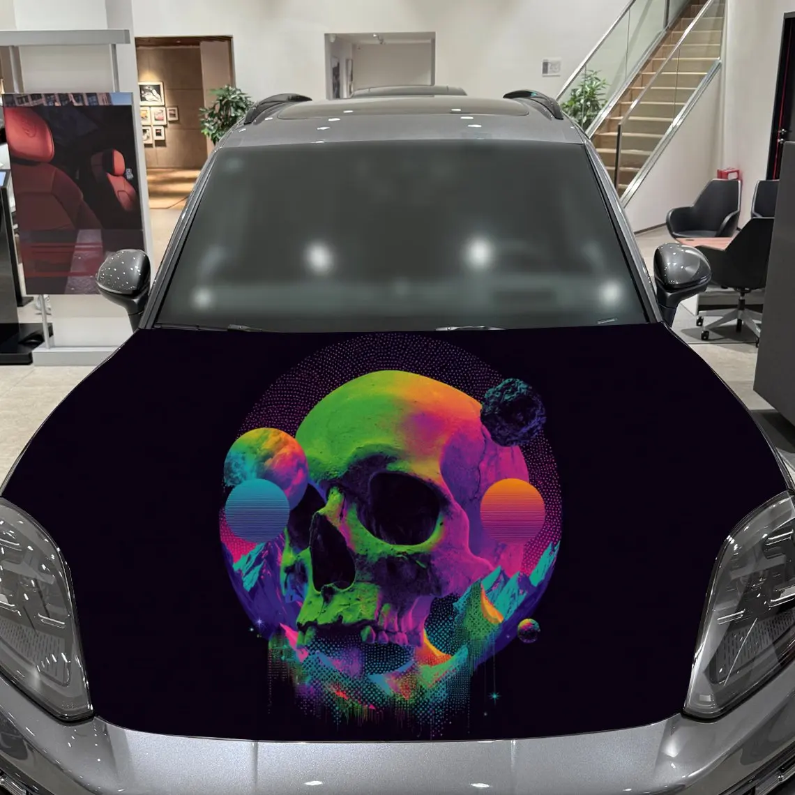 غطاء غطاء محرك السيارة على شكل جمجمة نيون كوزميك، ملصق غطاء محرك السيارة النابض بالحياة وكواكب جالاكسي والجبال، ملحق خارجي للسيارة الخيال العلمي، مقاوم للماء #5