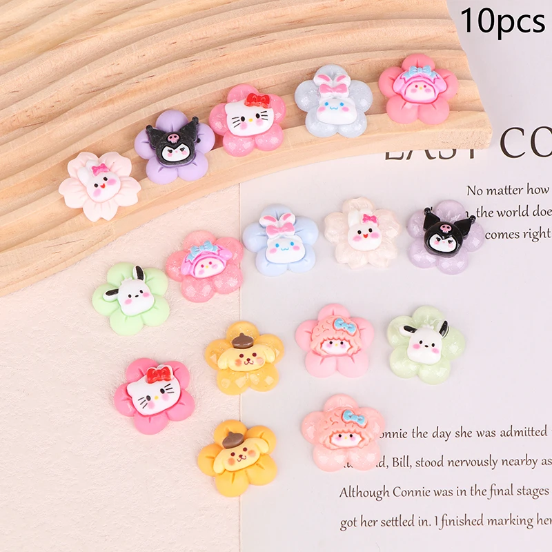 5/10Pcs Sanrio Cartoon Transparent Flower Series Flatback Resin Miniatures DIY Hello Kitty Kuromi Resin Cabochon Decorations