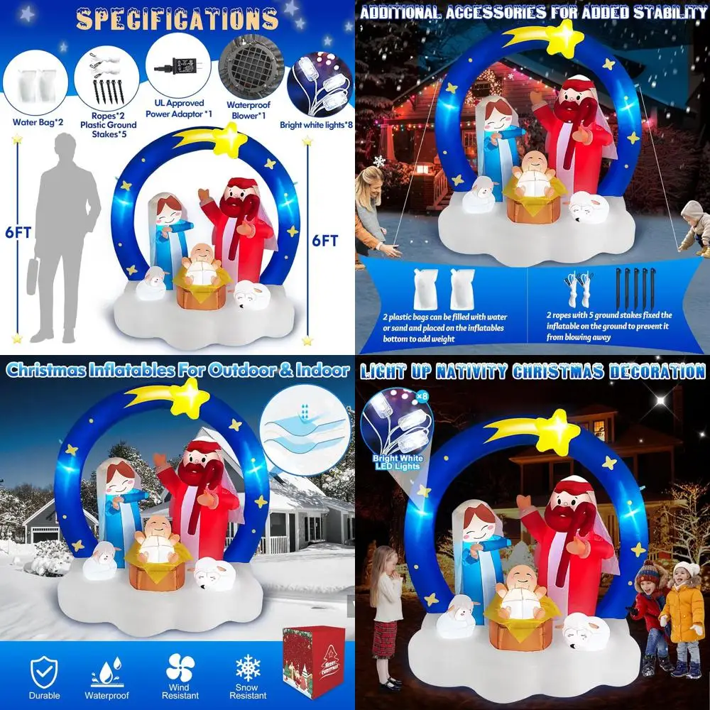 

6-Foot LED-Lit Nativity Scene Inflatable Outdoor Christmas Decoration, Jesus Birth with Star Archway for Lawn or Garden