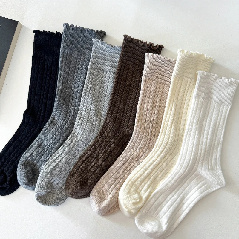 

Осенне-зимние вязаные хлопковые женские носки, японские однотонные носки среднего размера, милые носки JK Lolita Kawaii с рюшами для девочек, носки