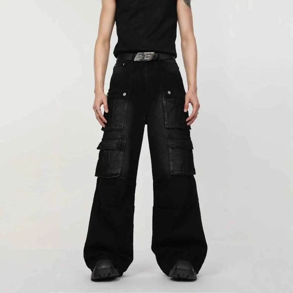 Outono novo masculino multi-bolso trabalho jeans americano retro moda tendência hip-hop rua solta casual nicho bottoms masculinos 2025